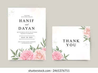 wedding invitation card template set with floral watercolor decoration