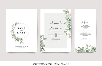 Wedding invitation card template set with greenery and flowers