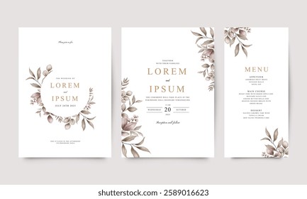 Wedding invitation card template set with elegant brown leaves