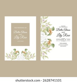 Wedding invitation card template set with romantic floral border and gold watercolor. 