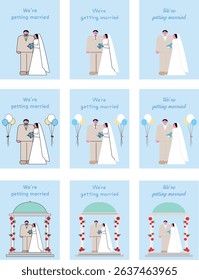 Wedding Invitation Card Template Set with Bride, Groom, Roses and Balloons