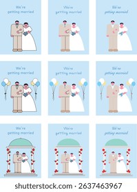 Wedding Invitation Card Template Set with Bride, Groom, Roses and Balloons
