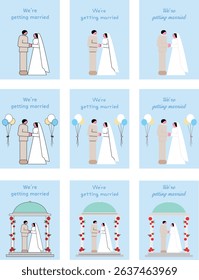 Wedding Invitation Card Template Set with Bride, Groom, Roses and Balloons