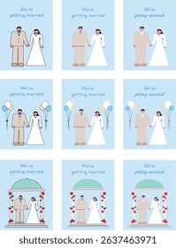 Wedding Invitation Card Template Set with Bride, Groom, Roses and Balloons