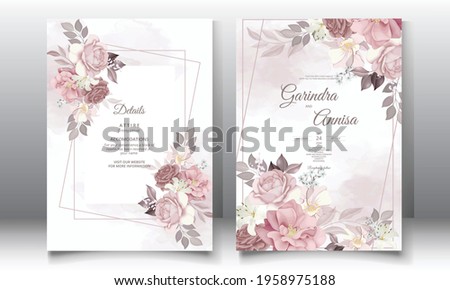  Wedding invitation card template set with beautiful  floral leaves Premium Vector