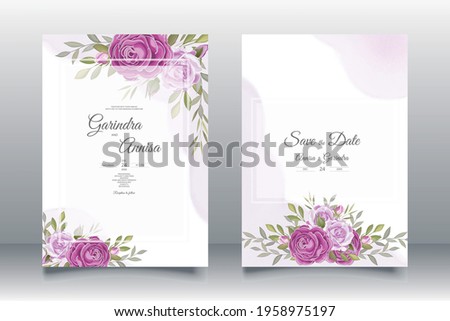  Wedding invitation card template set with beautiful  floral leaves Premium Vector