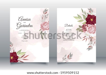   Wedding invitation card template set with beautiful  floral leaves Premium Vector