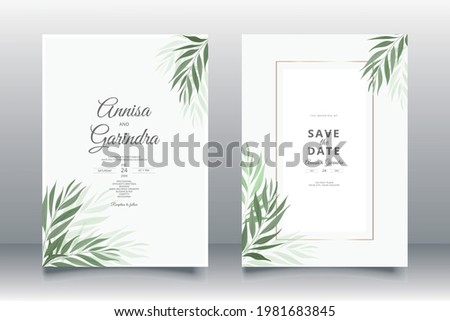 Wedding invitation card template set with beautifu  leaves Premium Vector