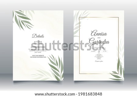 Wedding invitation card template set with beautifu  leaves Premium Vector