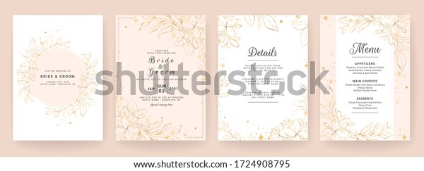 Wedding invitation card template set\
with line art floral decoration. Abstract background save the date,\
invitation, greeting card, multi-purpose\
vector