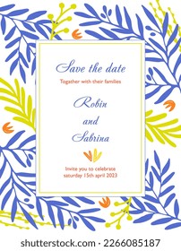 Wedding invitation card template. Spring mood floral frame, wreath, garland.  Flowers and leaves on white background.