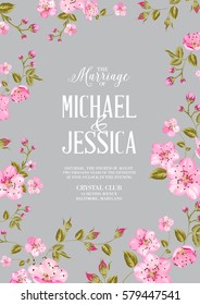 Wedding invitation card template. Spring flowers border over card with marriage text. Cherry blossom flowers. Vector illustration.