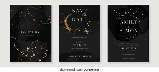 Wedding invitation Card template with  star and moon themed . Gold and luxury save the dated card with watercolor and gold sparkles and brush texture. Starry night cover design background.