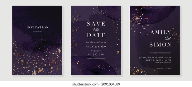 Wedding invitation Card template with  star and moon themed . Gold and luxury save the dated card with watercolor and gold sparkles and brush texture. Starry night cover design background.