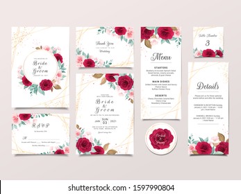 Wedding invitation card template suit with elegant flowers and gold decoration. Roses and leaves botanic illustration for background, save the date, invitation, greeting card, poster vector