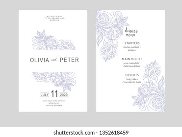 wedding invitation card template with text and vintage ornament on white background