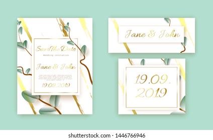 wedding invitation card template with text and flower , plant , leaf and gold texture