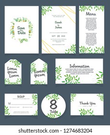 Wedding invitation card template. 
Wedding invitation, thank you, save the date,  menu, information, RSVP, label, table number and place card design.
