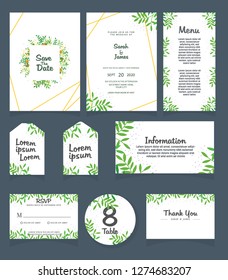 Wedding invitation card template. 
Wedding invitation, thank you, save the date,  menu, information, RSVP, label, table number and place card design.