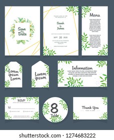 Wedding invitation card template. 
Wedding invitation, thank you, save the date,  menu, information, RSVP, label, table number and place card design.