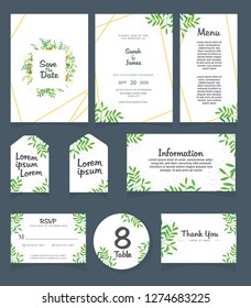 Wedding invitation card template. 
Wedding invitation, thank you, save the date,  menu, information, RSVP, label, table number and place card design.