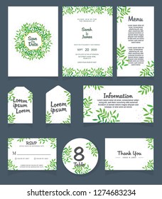 Wedding invitation card template. 
Wedding invitation, thank you, save the date,  menu, information, RSVP, label, table number and place card design.