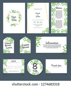 Wedding invitation card template. 
Wedding invitation, thank you, save the date,  menu, information, RSVP, label, table number and place card design.