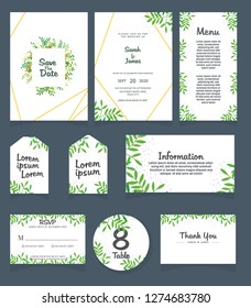 Wedding invitation card template. 
Wedding invitation, thank you, save the date,  menu, information, RSVP, label, table number and place card design.