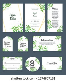 Wedding invitation card template. 
Wedding invitation, thank you, save the date,  menu, information, RSVP, label, table number and place card design.