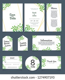 Wedding invitation card template. 
Wedding invitation, thank you, save the date,  menu, information, RSVP, label, table number and place card design.