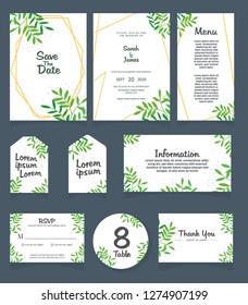 Wedding invitation card template. 
Wedding invitation, thank you, save the date,  menu, information, RSVP, label, table number and place card design.
