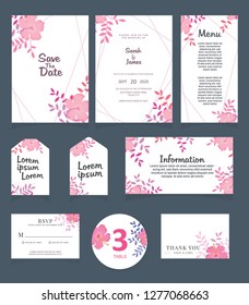Wedding invitation card template. 
Wedding invitation, thank you, save the date,  menu, information, RSVP, label, table number and place card design.