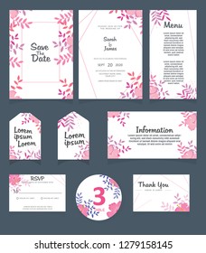 Wedding invitation card template. 
Wedding invitation, thank you, save the date,  menu, information, RSVP, label, table number and place card design.