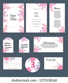 Wedding invitation card template. 
Wedding invitation, thank you, save the date,  menu, information, RSVP, label, table number and place card design.