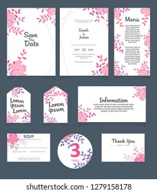 Wedding invitation card template. 
Wedding invitation, thank you, save the date,  menu, information, RSVP, label, table number and place card design.