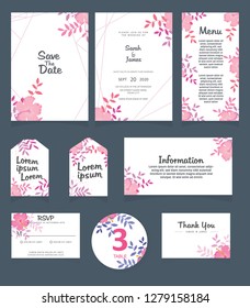 Wedding invitation card template. 
Wedding invitation, thank you, save the date,  menu, information, RSVP, label, table number and place card design.