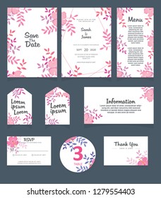 Wedding invitation card template. Wedding invitation, thank you, save the date, menu, information, RSVP, label, table number and place card design. 