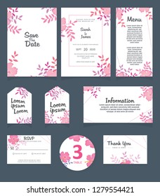 Wedding invitation card template. Wedding invitation, thank you, save the date, menu, information, RSVP, label, table number and place card design. 