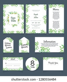 Wedding invitation card template. 
Wedding invitation, thank you, save the date,  menu, information, RSVP, label, table number and place card design.