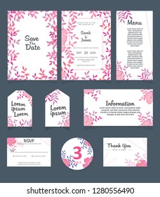 Wedding invitation card template. 
Wedding invitation, thank you, save the date,  menu, information, RSVP, label, table number and place card design.
