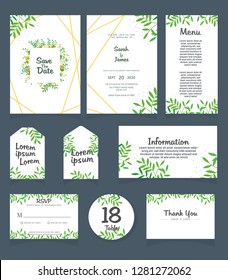 Wedding invitation card template. 
Wedding invitation, thank you, save the date,  menu, information, RSVP, label, table number and place card design.
