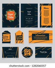 Wedding invitation card template. 
Wedding invitation, thank you, save the date,  menu, information, RSVP, label, table number and place card design.