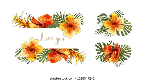 Wedding invitation card template. Tropical floral orchid bouquet, jungle leaves and golden lettering vector template. Perfect for invitations, greeting cards, quotes, blogs