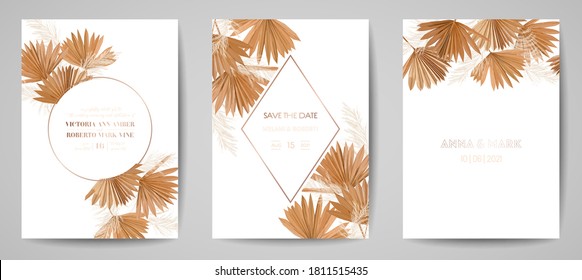 Wedding invitation card template, tropical palm leaves frame set, dry pampas grass watercolor minimal vector. Botanical Save the Date golden foliage modern poster, trendy design, luxury background