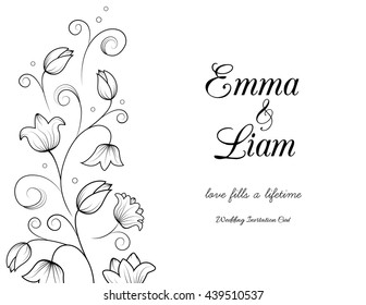 Wedding invitation card template. Tulip lily bell flowers. Black and white vector illustration.
