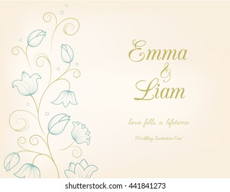 Wedding invitation card template. Tulip lily bell flowers. Blue green on beige background.  Vector illustration