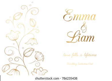 Wedding Invitation Card Template. Tulip Lily Bell Flowers. Gold On White Background. Vector Illustration.