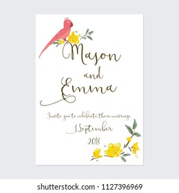Wedding invitation card template vector with flowers and a bird