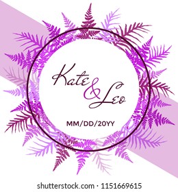 Wedding invitation card template, vector fern frond frame circle design with names and date. Plant leaves decoration on white background. Bracken grass violet and purple round border.