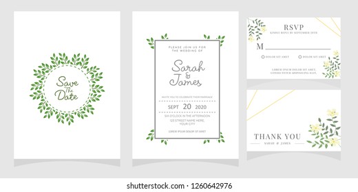 wedding invitation card template Vector illustration. Set of card with flower rose, leaves. Floral poster, invite. Wedding ornament concept.